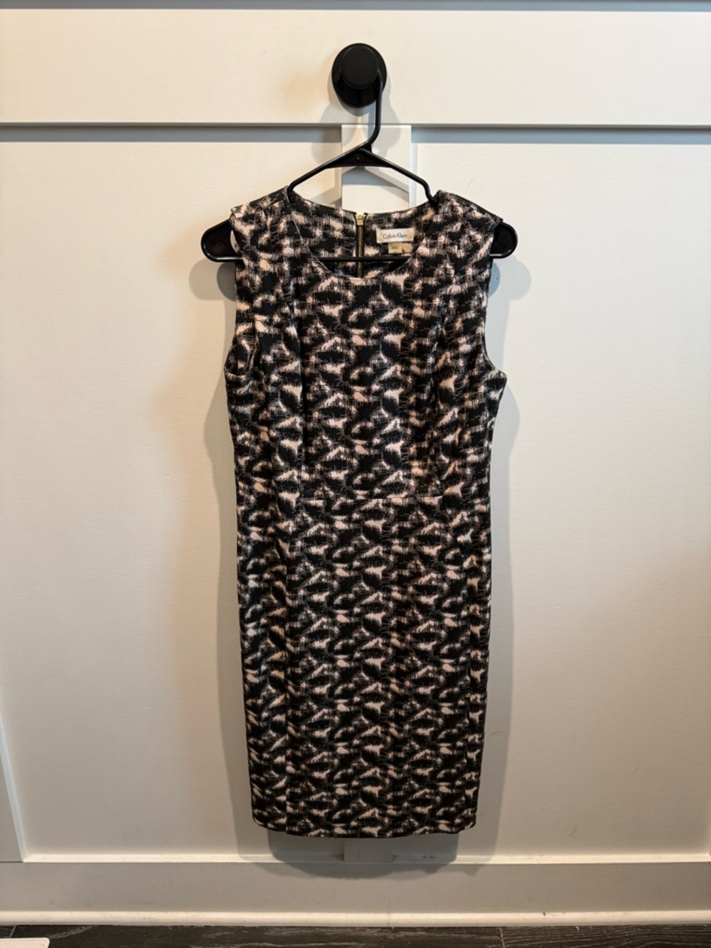 Calvin Klein Black and Light Pink Abstract Midi Sheath Dress